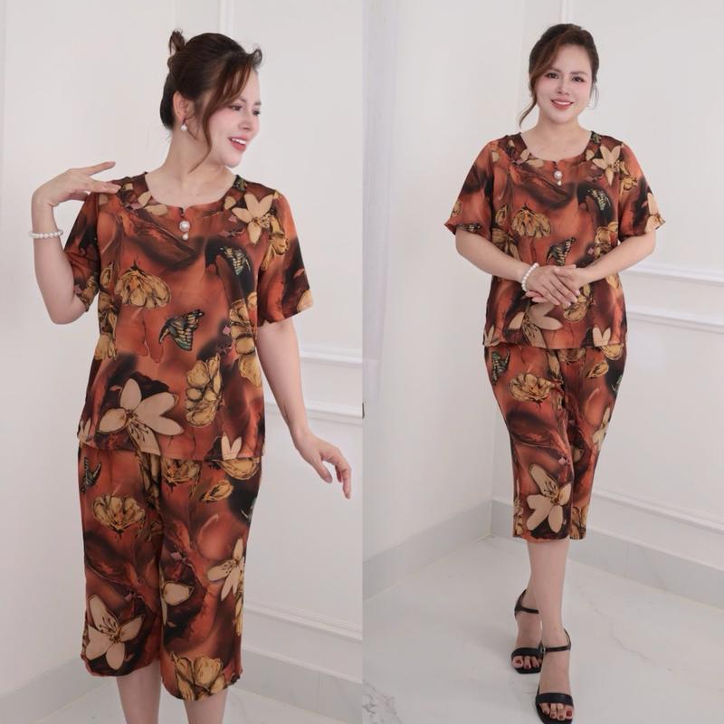 Đồ bộ trung niên, đồ bộ mặc ở nhà cho các bà, các mẹ, áo cổ tròn, quần dài, chất lụa tô châu  CC25