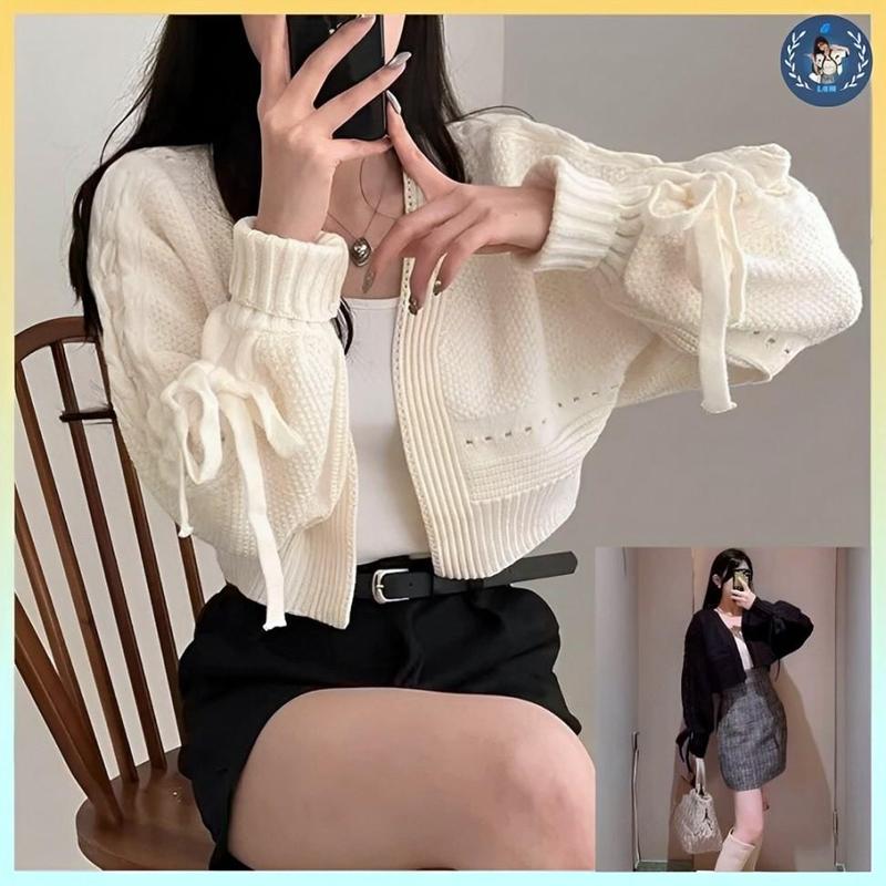 [A367] Áo KHOÁC len nữ cardigan dệt kim TAY PHỒNG CỘT NƠ dáng CROPTOP kiểu dáng sang trọng - L2M ( Top Women Fashion ) 【 hoa hồng  【 Hỏa tốc  