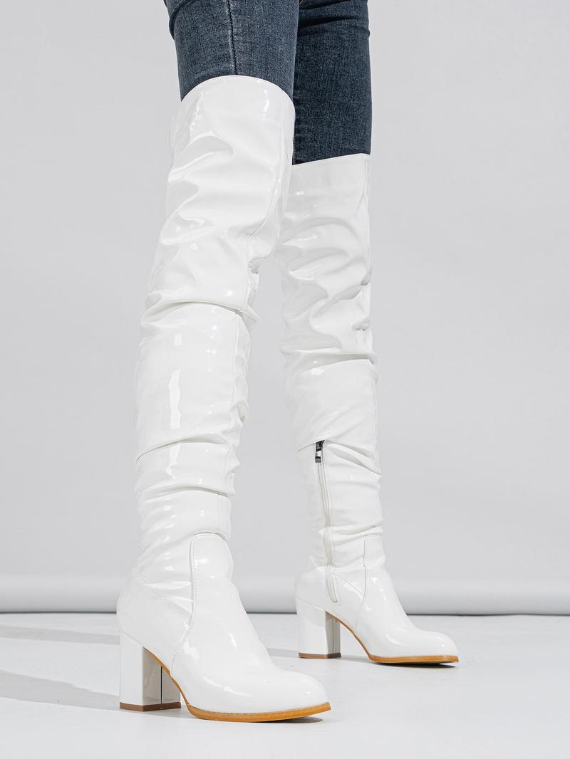 Product Introduction of Women's 2023 New Fashion Pu Over-the-knee High Heeled Boots, Elegant Plain Side Zipper Design Boots, European and American Style Pointed Toe Slouchy Boots for Parties and Evenings 11