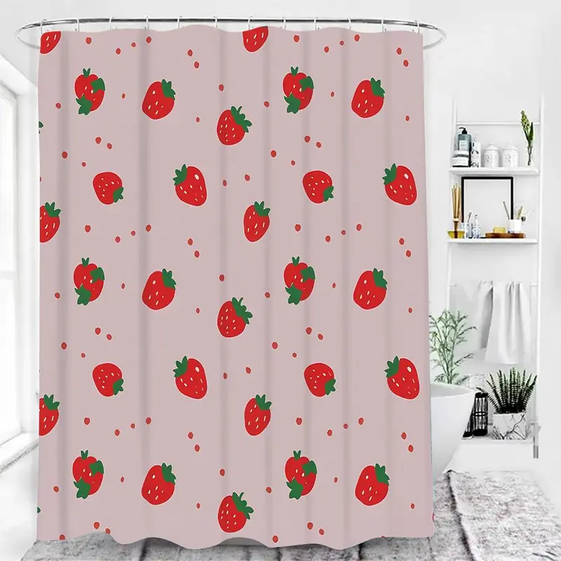 Strawberry Pattern Bathroom Set, 1 Count Shower Curtain Or 4 Counts Shower Curtain & Toilet Cover & Bathroom Mat, Bathroom Accessories for Home Dormitory Hotel Decor 0