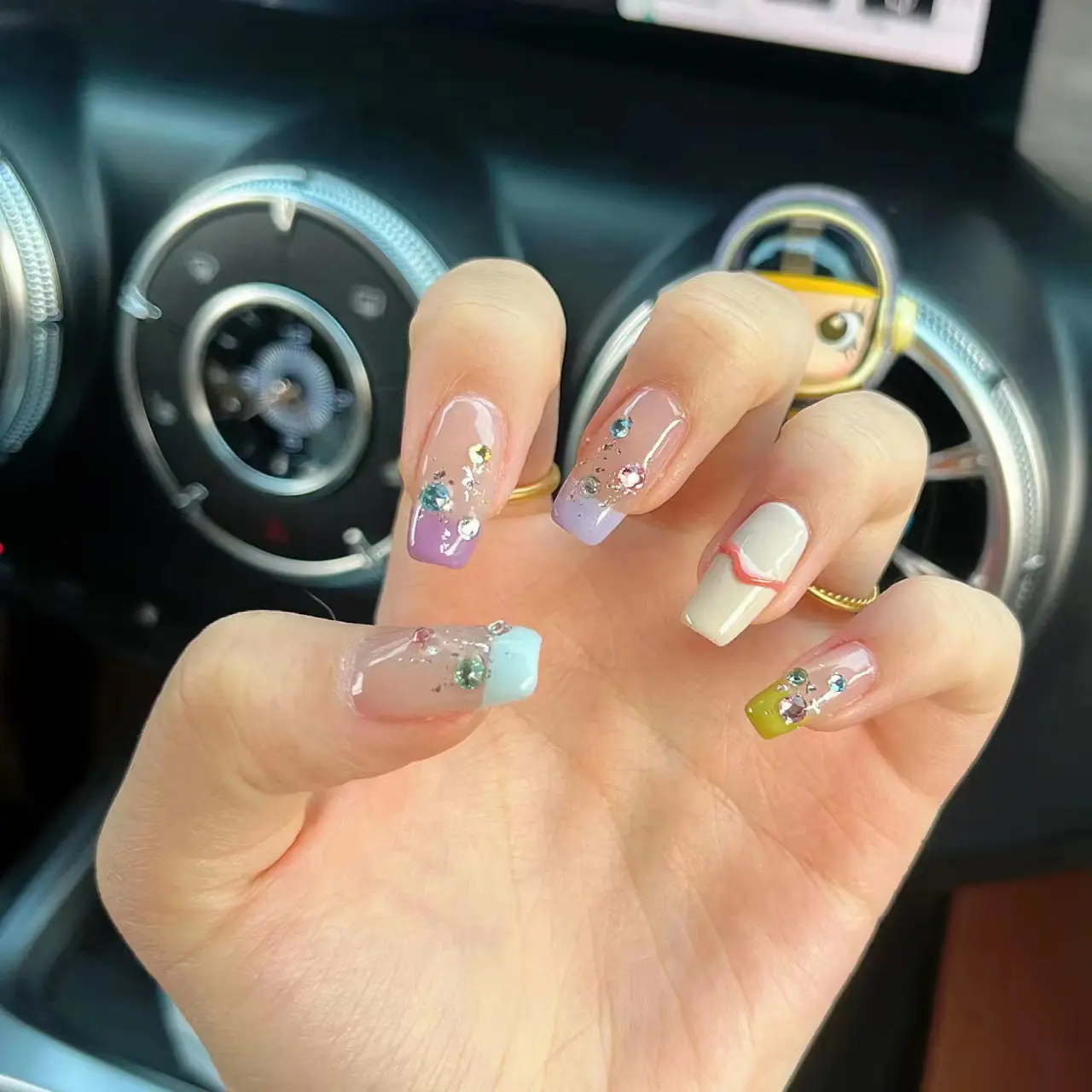 New Candy Fake Nails Handmade French Nails Diamonds Splicing Color Swirl Lines Party Nails Medium Purple Removable Nails