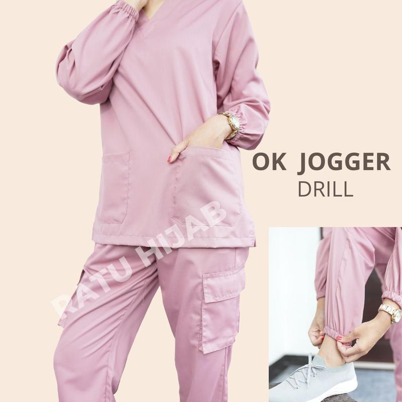 [RatuHijabCilacap] Baju Ok Oka Celana Jogger Cargo Lengan Panjang Karet Bahan American Drill Wanita Setelan Kerah V 0