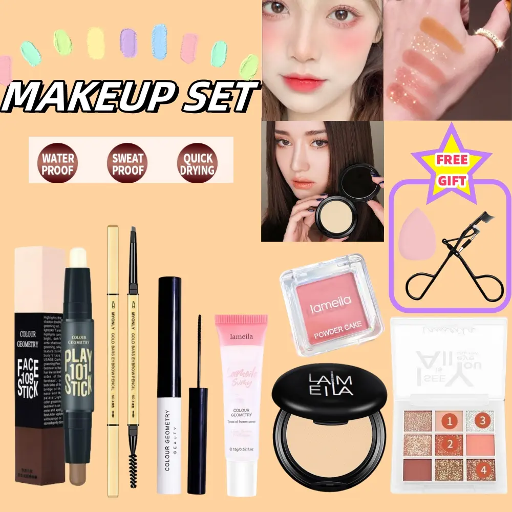 【9PCS Makeup Set】Makeup Front Milk, Powder, Powder Blusher, Eye Shadow, Double Head Facial Pencil, Eyebrow Pencil Eye Black Eyelash Clip Thumb Puff Daily Makeup Is Suitable For Beginners And Students
