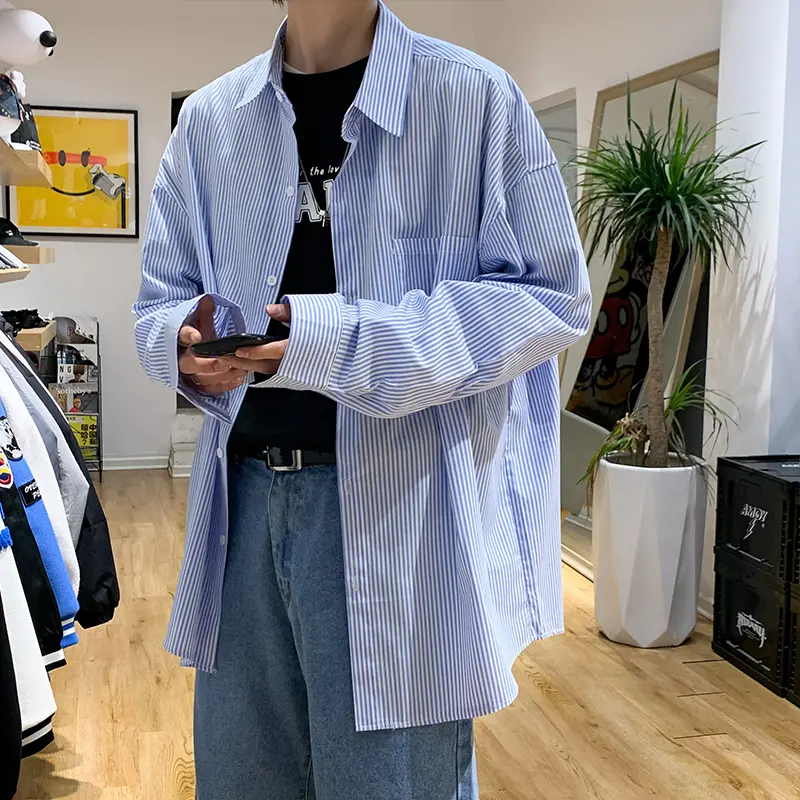 Japanese Style Long Sleeve Striped Shirt Men's Autumn Clothing Thin Blue and White Striped Shirt Fashion Brand Korean Style Trendy Hong Kong Style Baggy Coat
