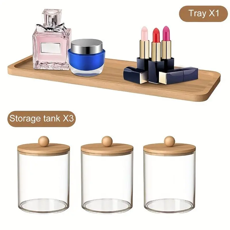 Cotton Swab Storage Bottles with Wooden Lid, Toothpick Storage Bottle with Tray, Bathroom Containers Dispenser, Floss Organizer Canisters 5