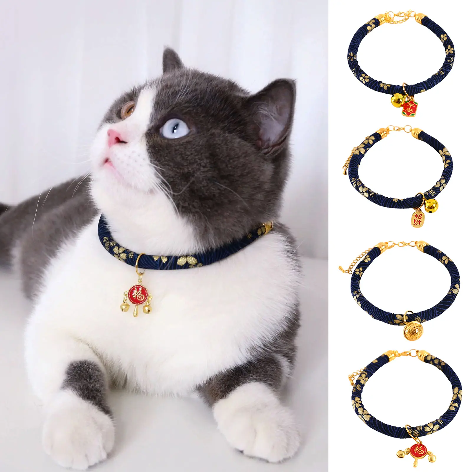 Pet Collar Chinese Style Decorative Skin Friendly Adjustable Cat Dogs Necklace Collar with Pendant Bell for Festival