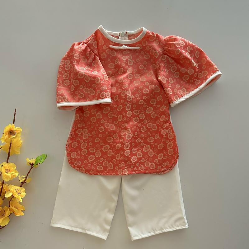 Bà Ba Cho Bé Gái Size 5-13kg Được Lên Từ Lụa Gấm Phối Quần Lụa Satin Mềm Mịn Mát Màu Hồng Cam