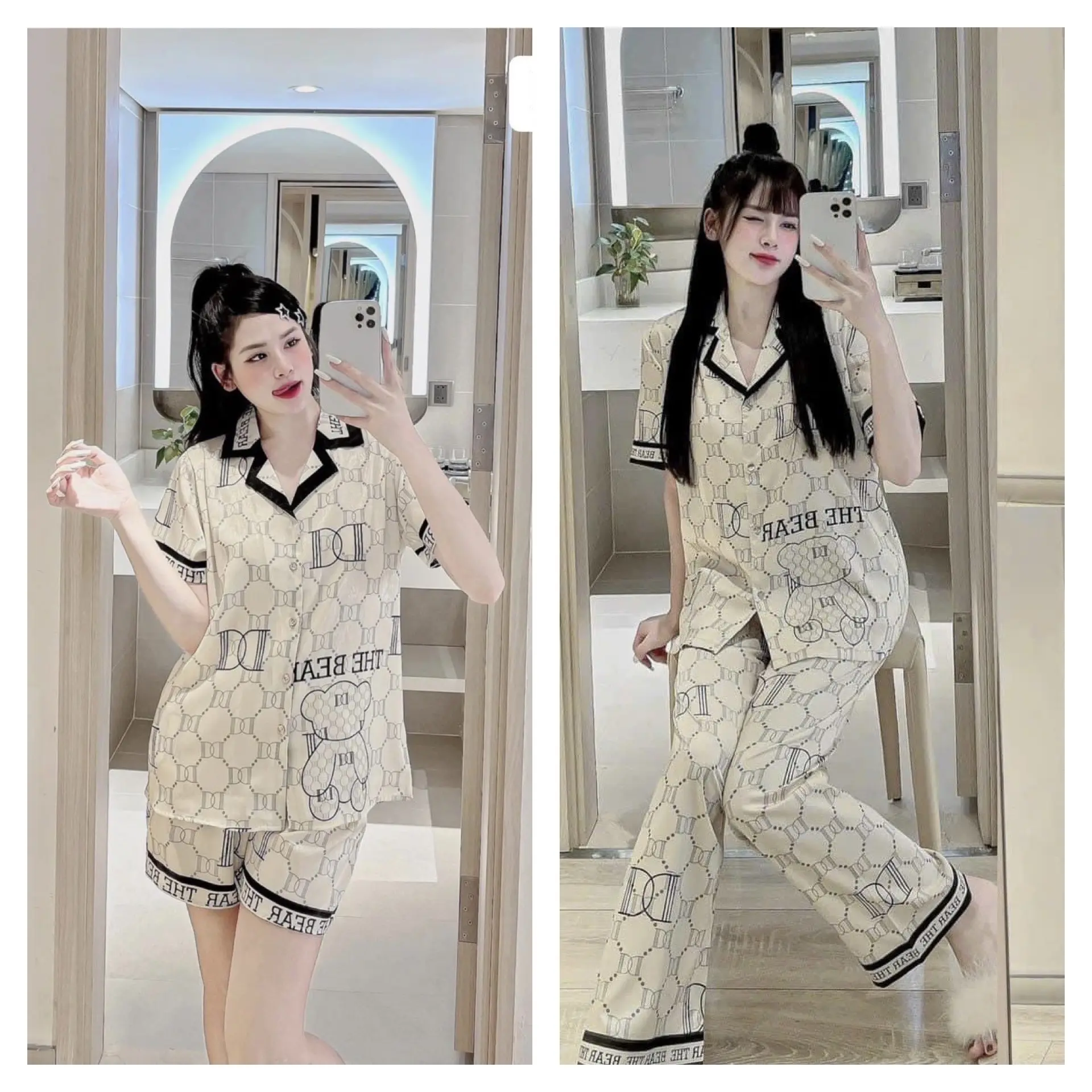 Bộ Đồ Pijama Nương Nana Lụa Xước gấu trắng Nữ
