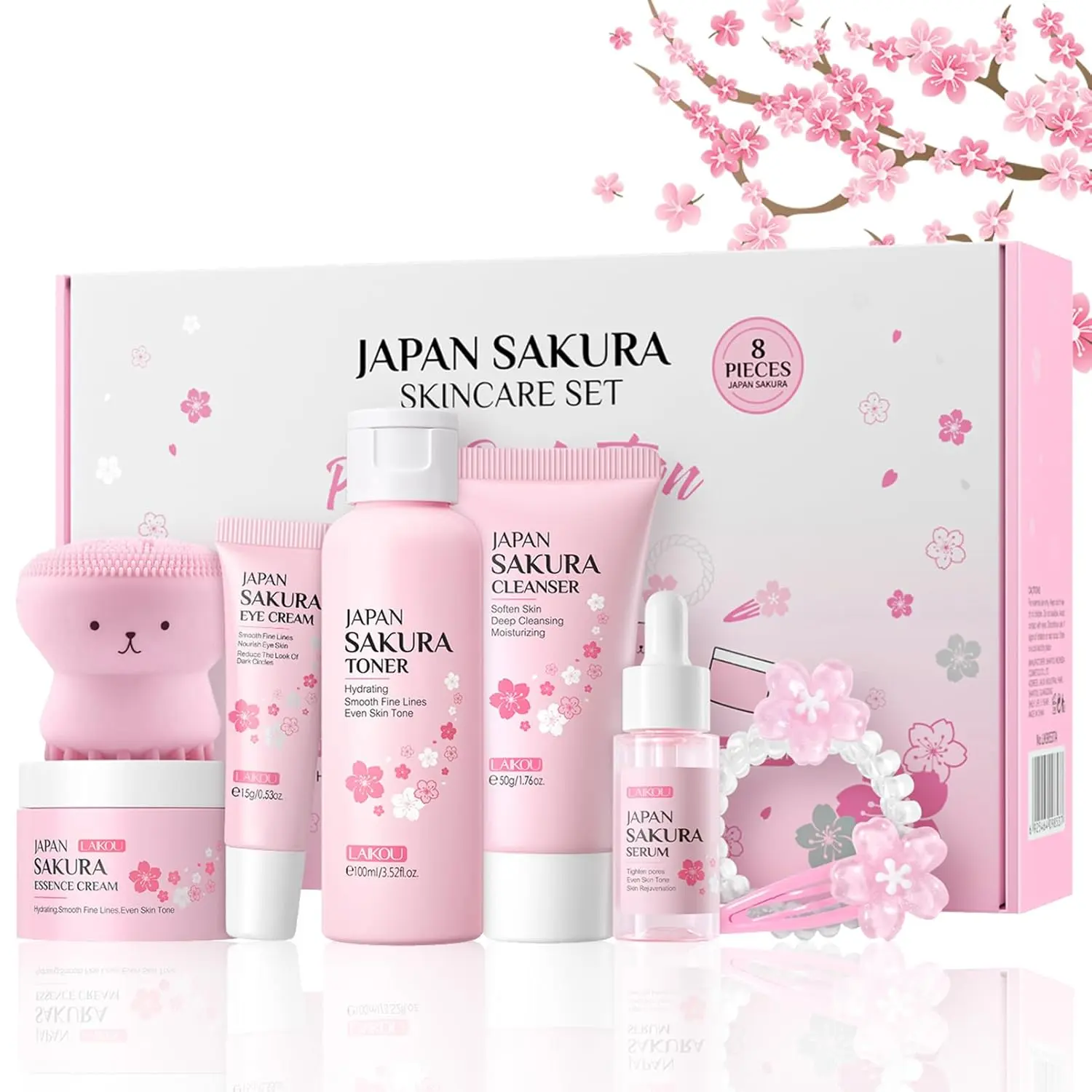 Sakura Skin Care Set, 8 Counts/set Moisturizing Skin Care Kit, Cleanser, Toner, Serum, Eye Cream, Essence Cream, Hair Clip, Hair Tie, Cleaning Brush, Skin Care Kit for Women