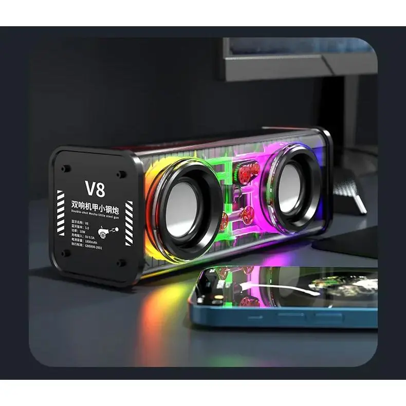 Loa Mecha Trong Suốt, V8, Bluetooth 5.0, Không Dây, Bass Đôi, Loa Siêu Trầm Màng Loa, Âm Nhạc TWS, Đèn RGB, Loa Tiệc Mini 6