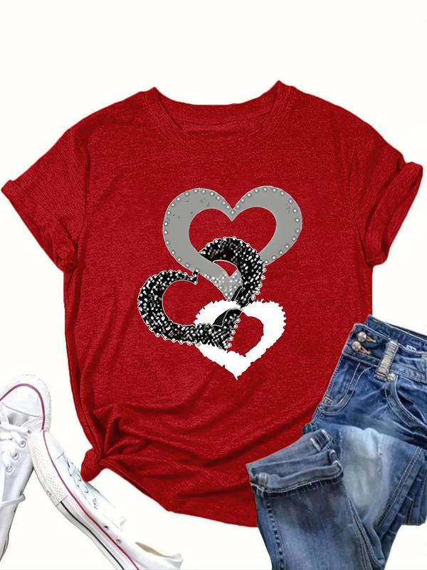 【Plus Size】Heart Print Round Neck Tee, Fashion Casual Short Sleeve T-shirt for Daily Outdoor Wear, Women Plus Clothing for All Seasons 4