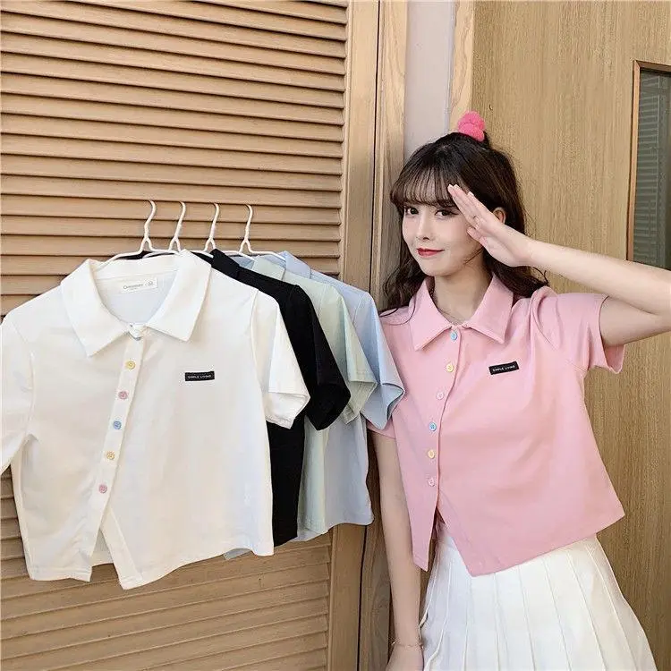 Atasan Kemeja Kaus Polo Wanita Pendek Pusat Ritsleting Lengan Pendek Tie Neck Warna Solid Kancing Fashion Kasual Korea Musim Panas Pakaian Dalam Wanita 0