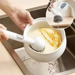 Sikat Pembersih Piring, Sikat Putar dengan Dispenser Deterjen, Sikat Cangkir Gagang Panjang, Digunakan untuk Menghilangkan Noda Minyak di Dapur