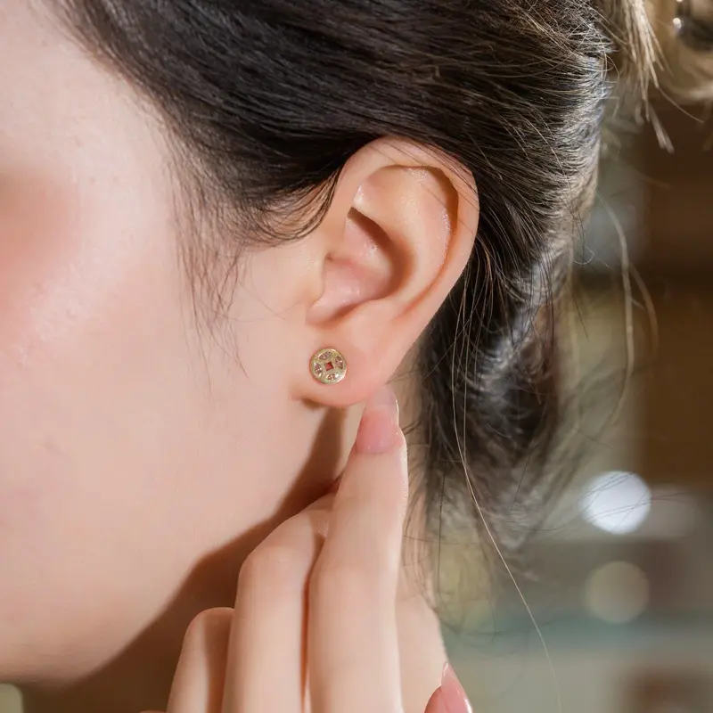 HuyThanhJewelry PTB388 Bộ trang sức Dây Chuyền & Bông Tai Vàng 14k Lộc Phát Lộc 6