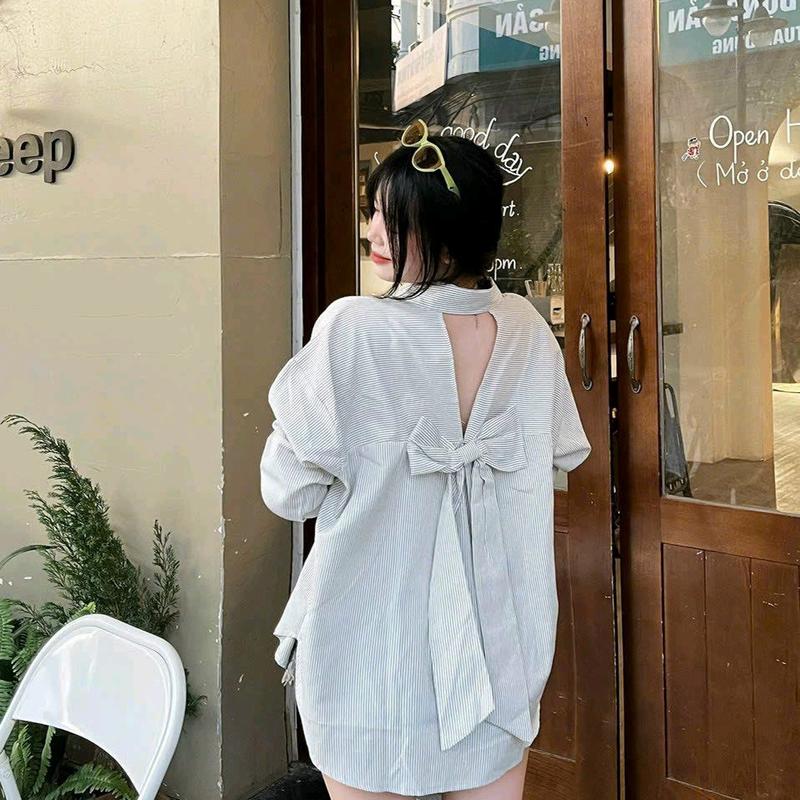 Áo  sơ-mi dáng rộng kẻ sọc cổ đức nơ sau bảng màu pastel xinh xắn 3