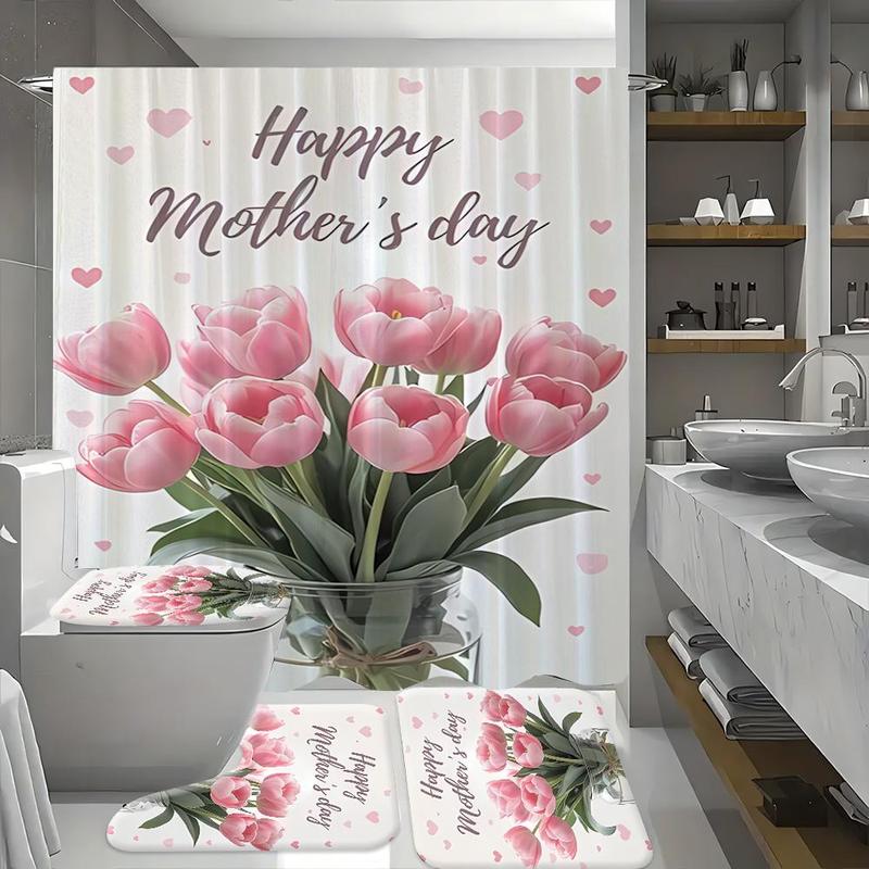 Product Introduction of Floral Pattern Bathroom Accessories, 1 Set Including Shower Curtain, U-shaped Mat, Toilet Lid Cover, Bath Mat, Bathroom Decor Supplies 7