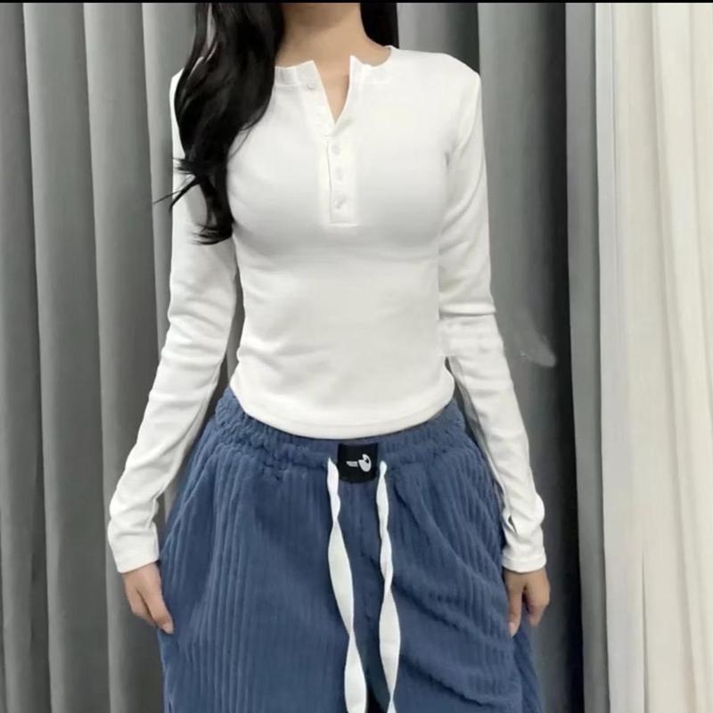 Thun Cổ Tròn Đính Cúc, Áo Dài Tay Nữ Dáng Ôm Màu trơn size dưới 54kg mã gg09