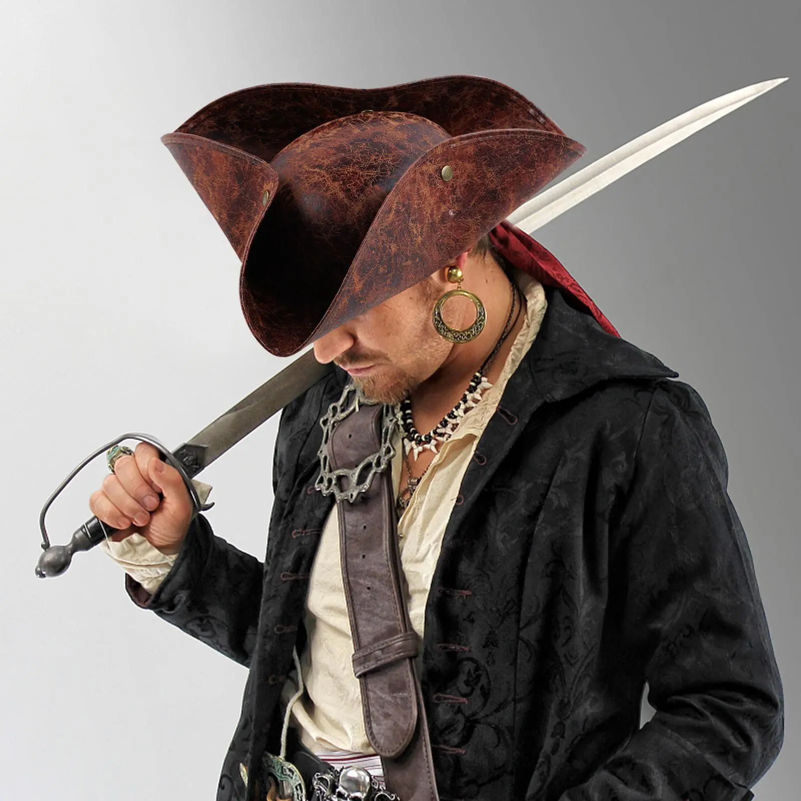 Brown Faux Leather Distressed Pirate Tricorn Hat For Adult Men Women For Costume Accessories