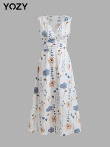 YOZY Boho V Neck Floral Print Ruched Tank Dress, Sleeveless A Line Long Dress, 2024 Women's Summer Outfits for Beach Holiday Vacation