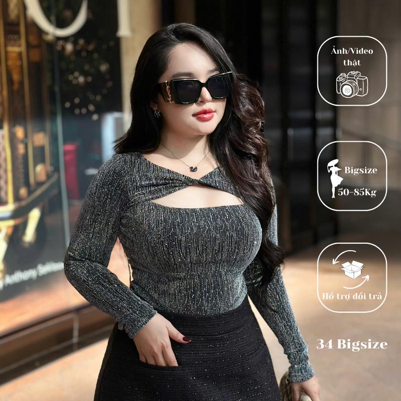 Áo thun hở ngực Glean 34AT051 34 Bigsize áo kiểu tay dài kim sa lắp lánh cho nữ đi chơi di tiệc