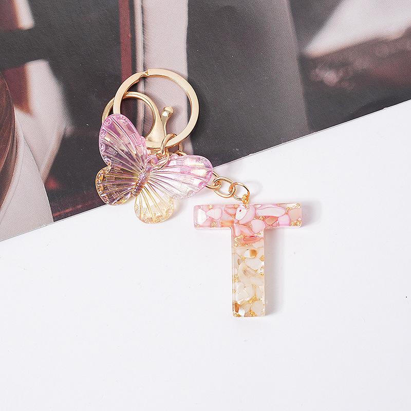 Product Introduction of [QQQ]Pink Dream Butterfly 26 Letters A To Z Resin Keychain 26 Initials White Stone  Leaf Pendant Keyring Backpack Charm Bag Decor 34