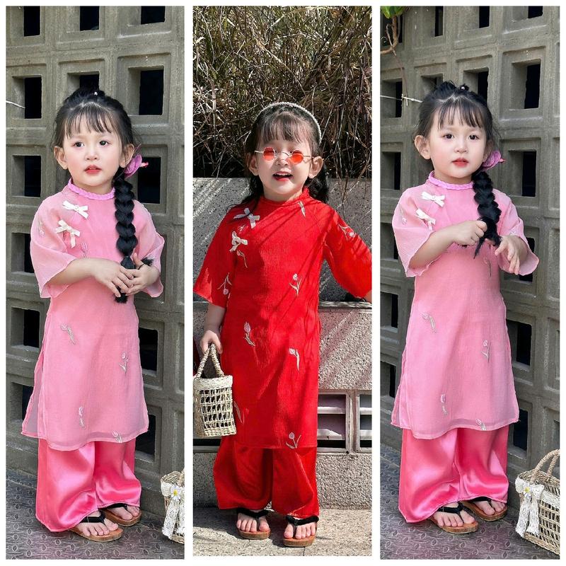 Sét Áo dài Tết vải tơ thêu mềm mịn gắn nơ + quần lụa phi bóng đỏ (9-35kg)( tặng cài ngọc và vòng cổ)