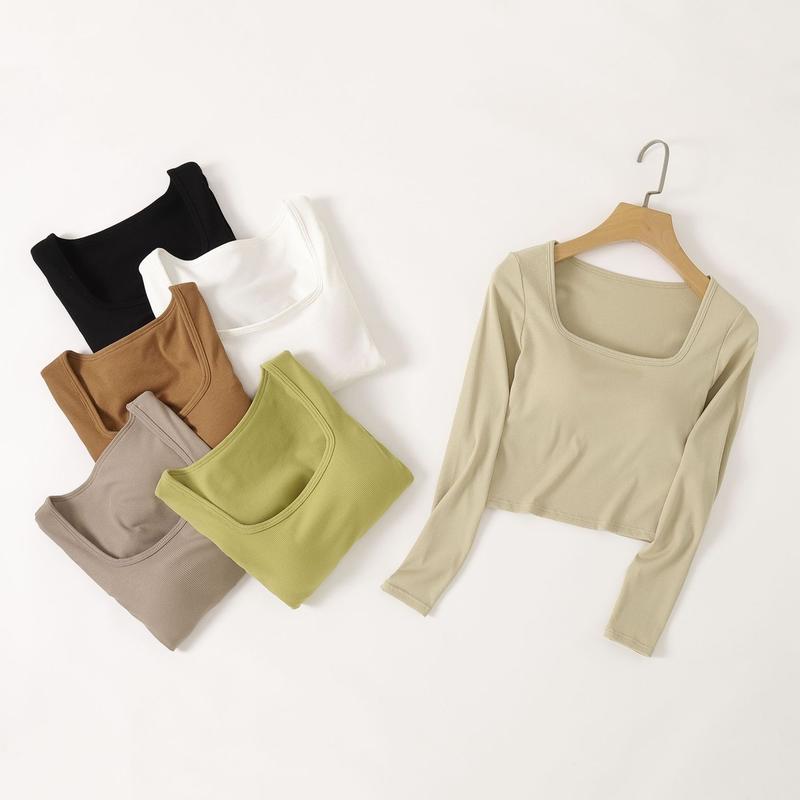 825 Áo Croptop Có Đệm Ngực Cổ U Tay Dài Chất Liệu Thun Tăm QCCC Nữ Women
