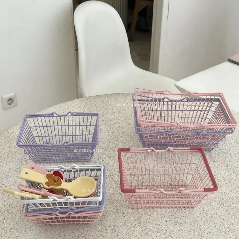 [MINIHOME] LULU Basket Keranjang Mini Trolley Aesthetic Keranjang Kecil Dekorasi Rumah Korean Home Décor Organizer Tempat Penyimpanan Minimalis Stainless Steel Korea Keranjang Buah Belanja Makeup Pink Minihome 1