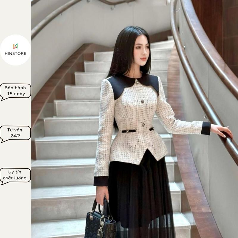 Áo dạ kiểu dáng peplum công sở nữ HINSTORE áo dạ tweed nhũ kẻ tiểu thư phối đáp lượn sóng dài tay 2 lớp 270 áodạ tweet
