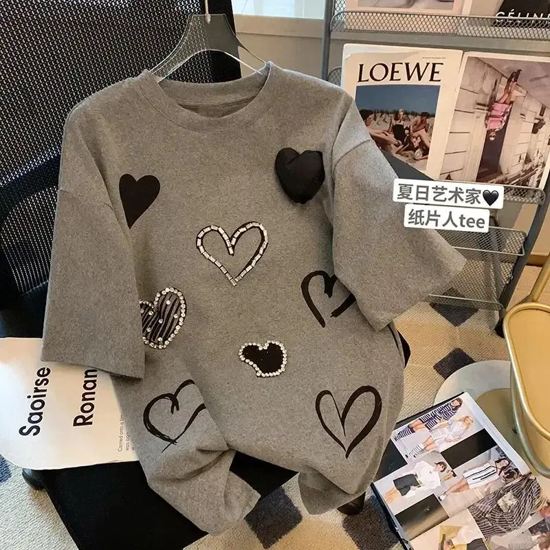 Fashion Women Three Dimensional Love Ironing Short-sleeved T-shirt 2024 Summer New Casual Fashion Loose Grey Pullover Female Top Womenswear