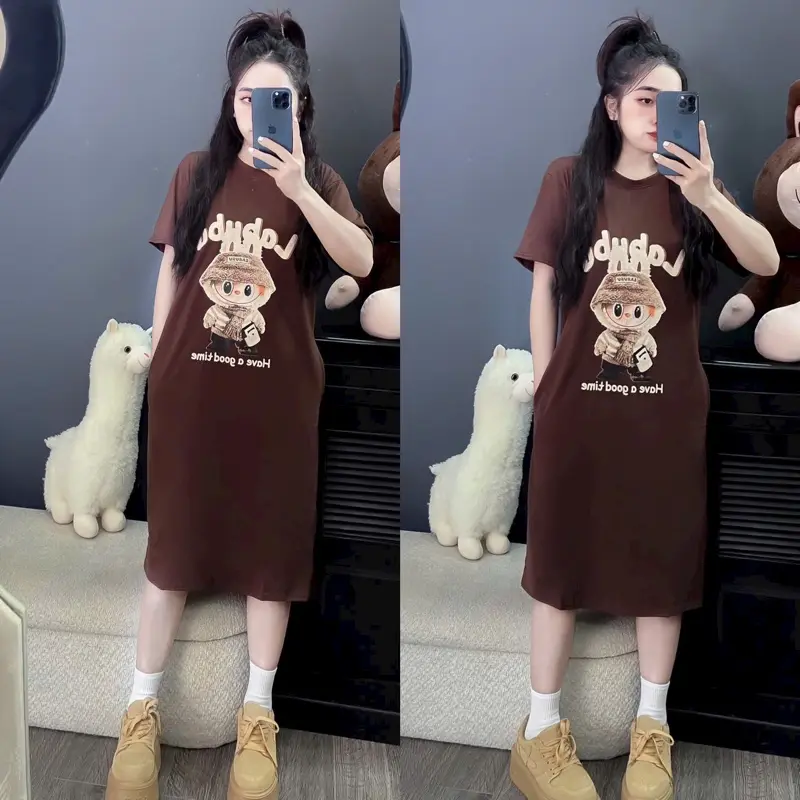 Váy thun suông cổ tròn tay ngắn dáng xoè in labubu freesize- Tyan Dress 0