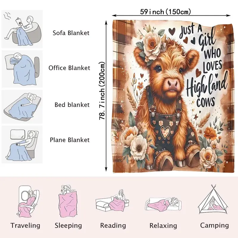 Highland Cow Pattern Blanket, Soft Warm Throw Blanket, Air-conditioned Room Nap Blanket, Comfortable and Stylish Decor Blanket for Home Office 7