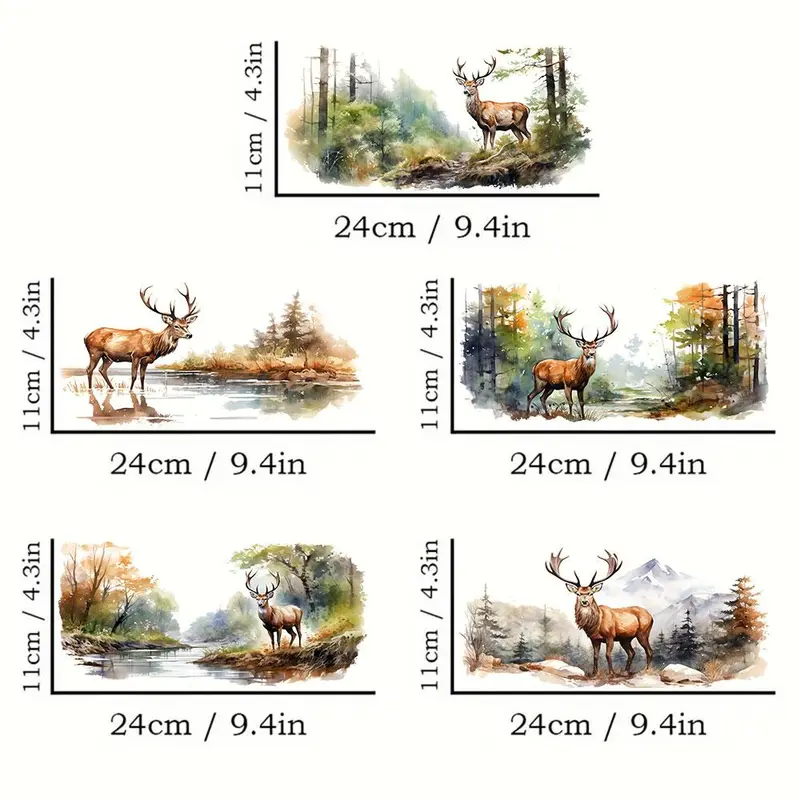 Uv Dtf Transfer Elk in Forest Design Sticker, 5 Counts Deer Pattern Sticker, Self Adhesive Waterproof Sticker, DIY Warp Sticker for 16oz Glass Cups 1