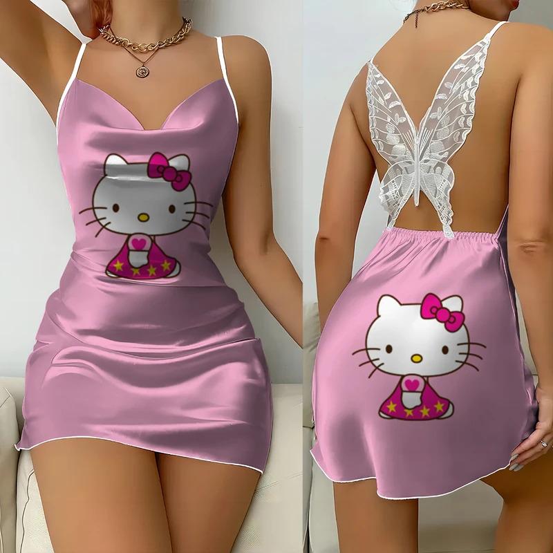 Váy Ngủ, Sanrio, Dành Cho Nữ, Bộ Sưu Tập In Hình Hello Kitty Mùa Hè Mới, Ren Satin Bướm, Hở Lưng, Gợi Cảm, Thanh Lịch Và Đơn Giản, Thích Hợp Dự Tiệc, Váy Ngủ 1