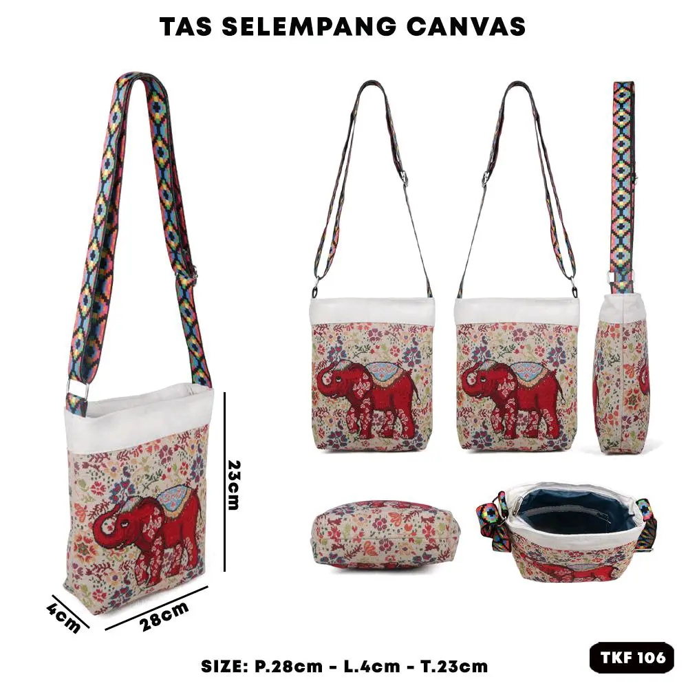 TAS SELEMPANG WANITA MOTIF GAJAH TKF 106 IMPORT. Kanvas