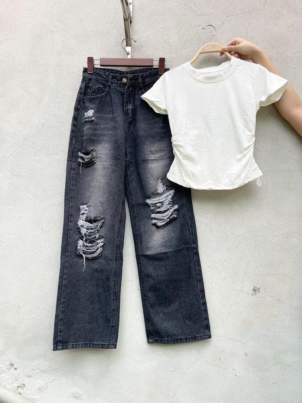 Quần bò nữ cạp cao dáng xuông 0700 màu đen rách cá tính, cạp cao hách dáng - Women, Pants Jean 4