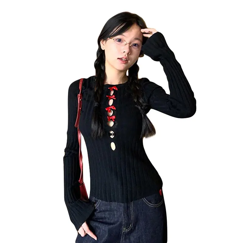 (Early Bird Special) Women's Cut Out Tops Casual Long Sleeve Crew Neck Little BowFit T-shirts Dressy Blouses