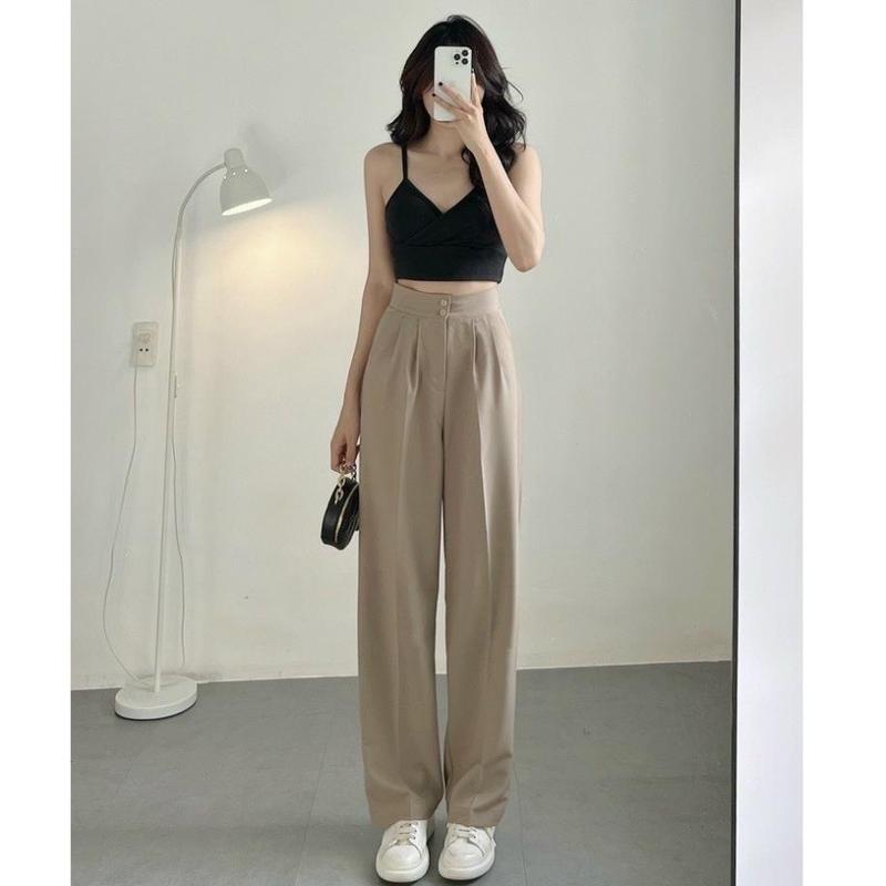 QUẦN ỐNG SUÔNG 5 MÀU LƯNG CAO 2 CÚC-VẢI TUYẾT MƯA-QUẦN ỐNG RỘNG NỮ DÁNG DÀI Women Ong Pants Đen 5