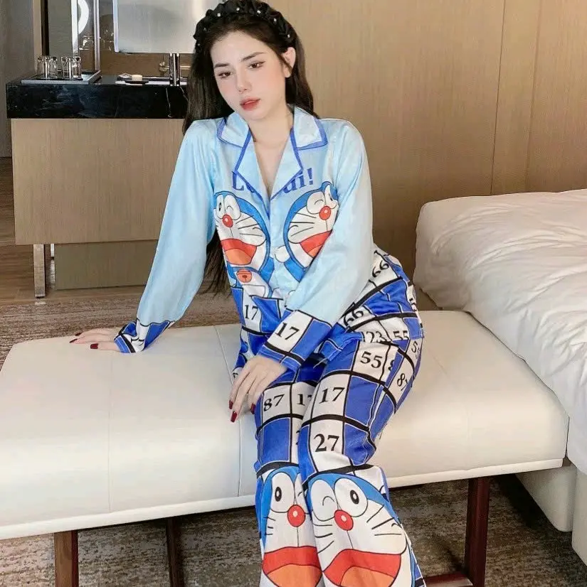 Đồ Bộ Pijama Lá Bài Tết Lụa Xước Mềm Tay Dài, Quần Dài Có túi Cho Nữ Phom 40-60kg Lụa Nhung Women Quần Ngủ