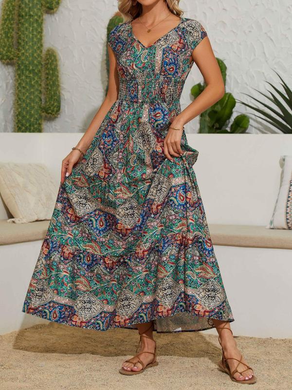 Women's Ethnic Pattern Shirred A Line Dress, Summer Clothes Women, Boho Long Dress for Daily Wear Holiday Vacation, Ladies Dress for Summer, Womenswear 5