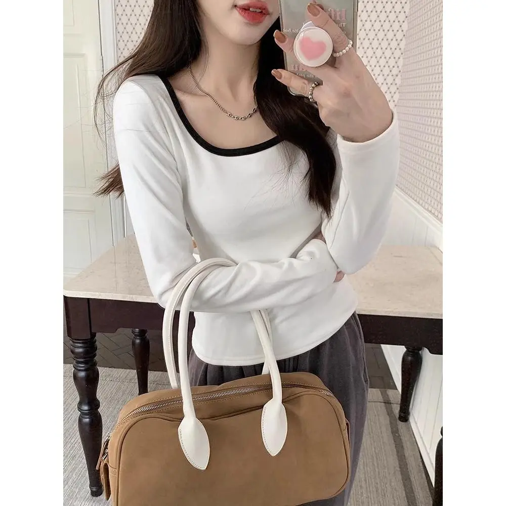 Áo Lớp Nền Giữ Nhiệt, Dralon, Dày Dặn, Dành Cho Nữ, Hàng Mới Về Mùa Thu, Mỏng Vừa Vặn, Cổ Vuông Bên Trong, Thiết Kế Khối Màu, Áo Thun Dài Tay