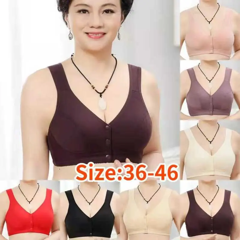 Large Size Unrimmed Front Button Underwear for Middle aged and Elderly Ladies Soft Cotton Vest Type Bra D142