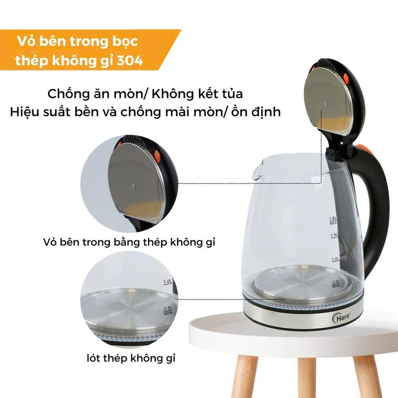 Ấm siêu tốc thủy tinh chịu nhiệt HR-KE1806 (1.8L), công suất 1500W, đun sôi nhanh trong 5 phút - thương hiệu Hare - bảo hành 12 tháng 3