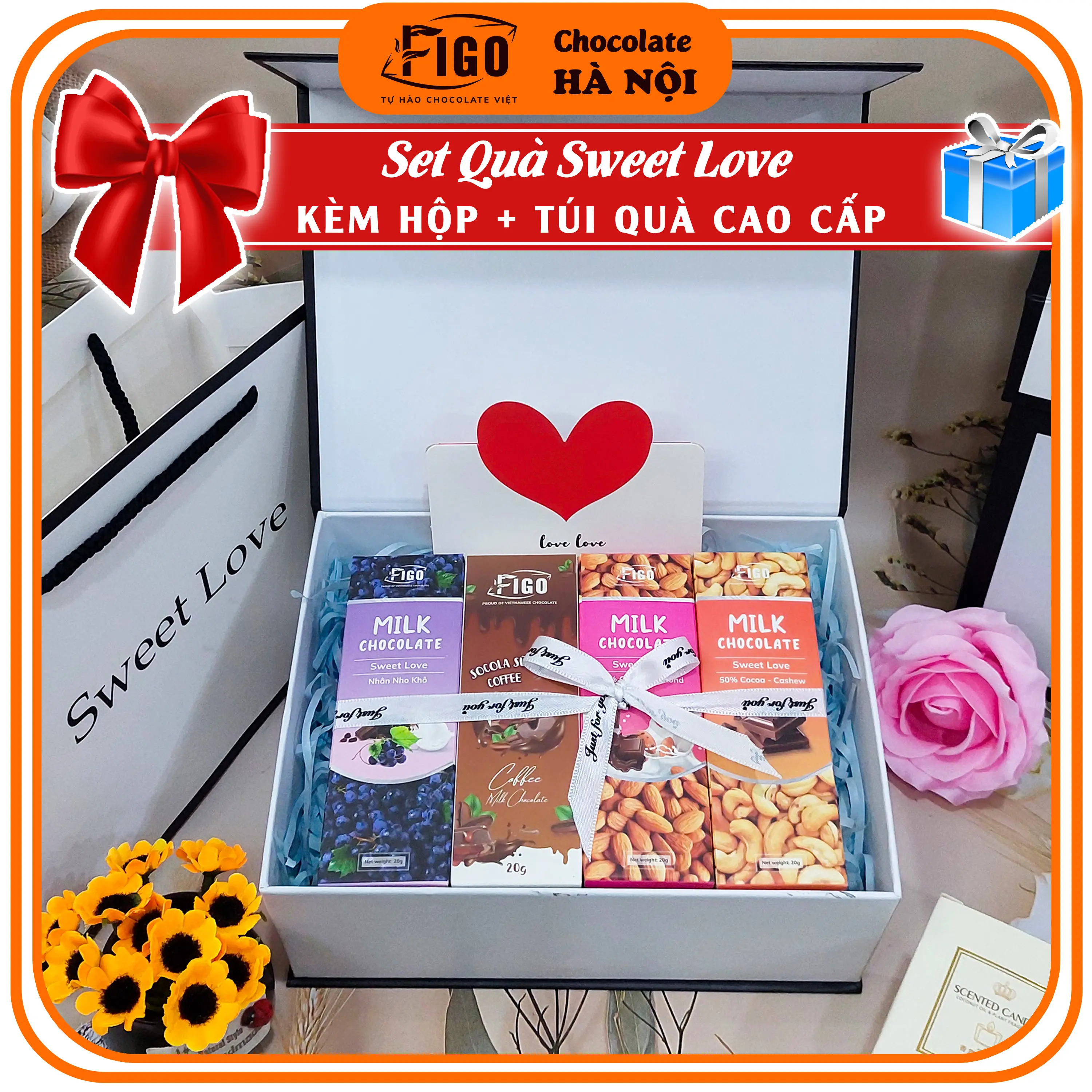 [Qùa tặng Valentine] Set Quà tặng Socola các vị Mix đều Socola đen và socola sữa FIGO 20gr, gồm Hộp Quà, túi quà, socola Snack Ăn Vặt
