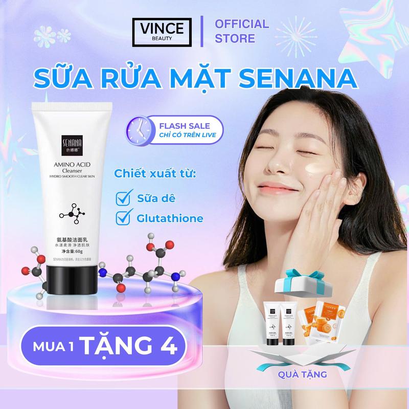 [MUA 1 TẶNG 2] COMBO 3 Tuýp Sữa Rửa Mặt SENANA Amino Acid 60g, Hỗ Trợ Lấy Sạch Bụi Bẩn Làm Sạch Sâu Da Mặt Giúp Da Trắng Sáng