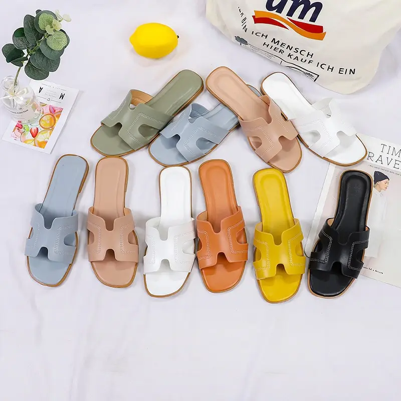 Solid Color One-Word Slippers for Women 2024 Spring and Summer Outdoor Ins Beach Non-Slip Slippers Cheap Beautiful