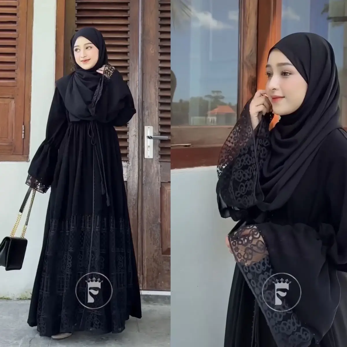 JUTER QUEEN (JUBAH OUTER) Gamis hitam outer queen mom and kids Muslim Wanita Kombinasi Payet Sifon Dress
