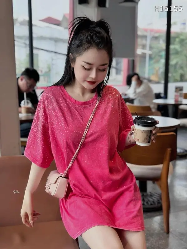 Áo Phông Loang Đính Đá Dáng Rộng, Áo Thun Form Thụng Dấu Quần Hàng QC Loại 1 Cao Cấp Nữ Women Top Nhung Top Nhung - Cotton Vải Loang Cao Cấp 3