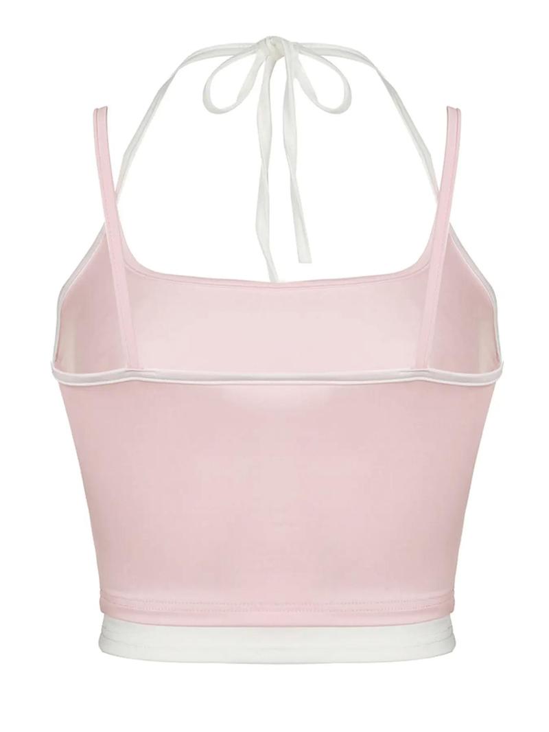 Product Introduction of Women's 2 in 1 Colorblock Halter Neck Tie Back Crop Top, Summer Clothes, Casual Backless Spaghetti Strap Top for Spring, Women's Clothes for Daily Wear Womenswear Comfort 13