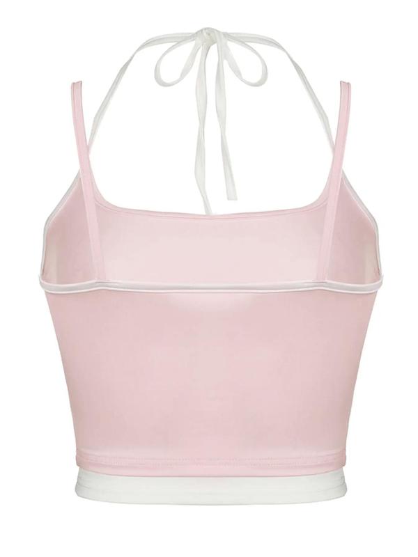 Women's 2 in 1 Colorblock Halter Neck Tie Back Crop Top, Summer Clothes, Casual Backless Spaghetti Strap Top for Spring, Women's Clothes for Daily Wear 7